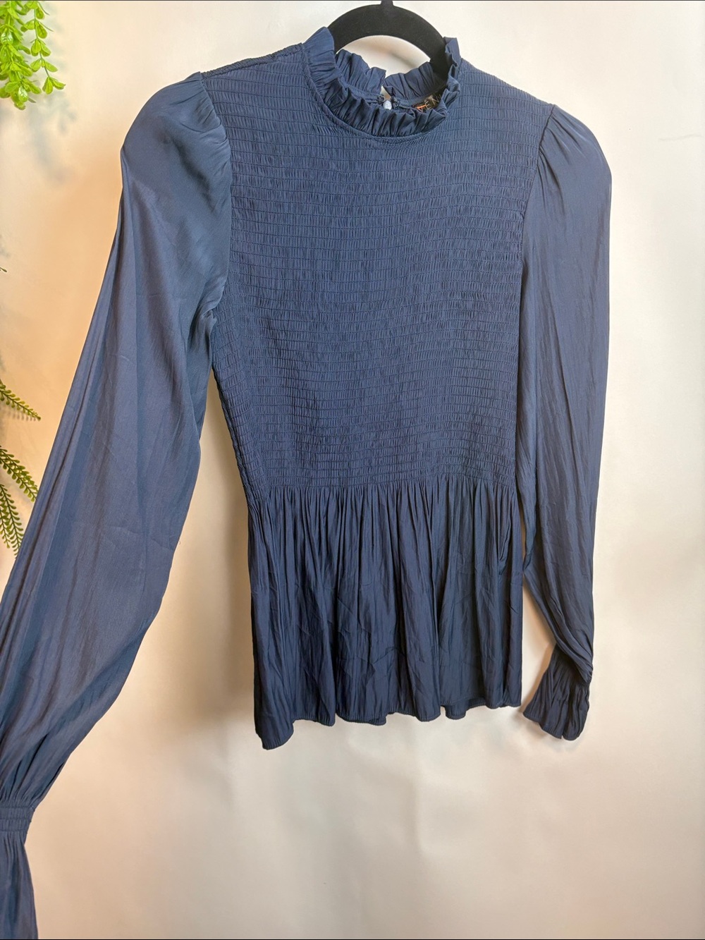 VENUS Navy Smocked Peplum Ruffle Neck Blouse